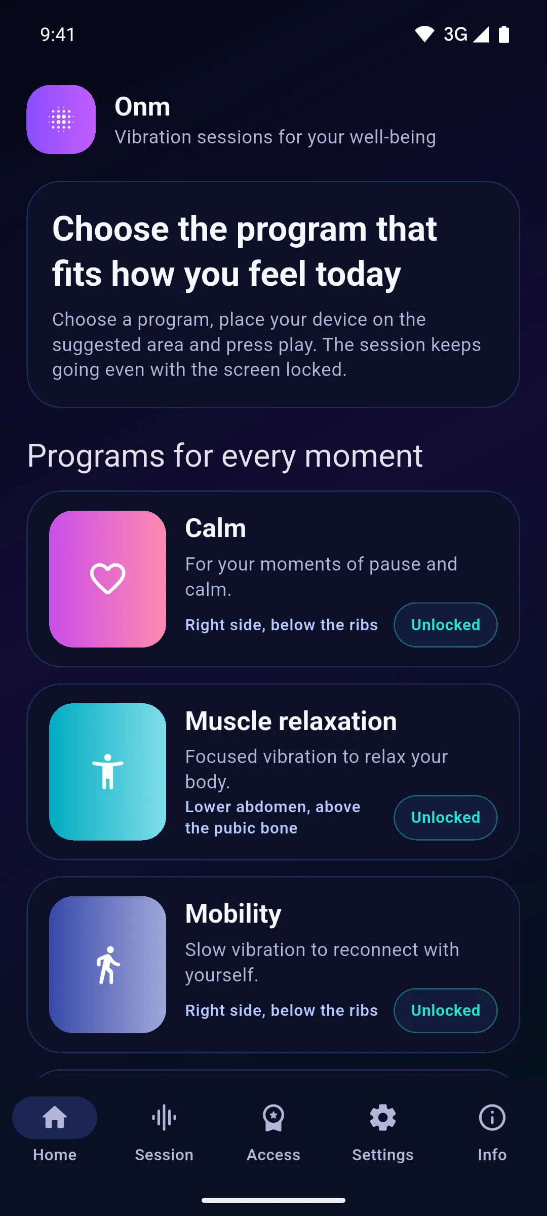 Onm home screen with the list of programs