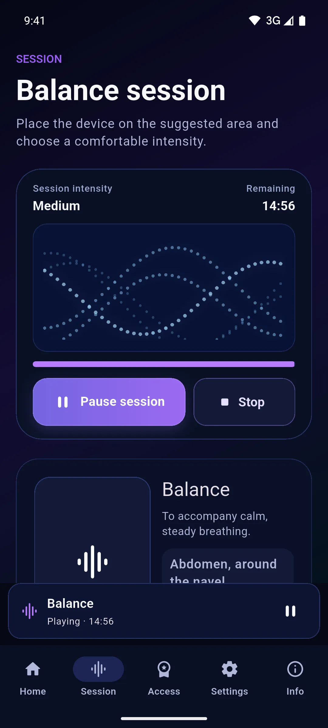 Balance session running in the Onm app