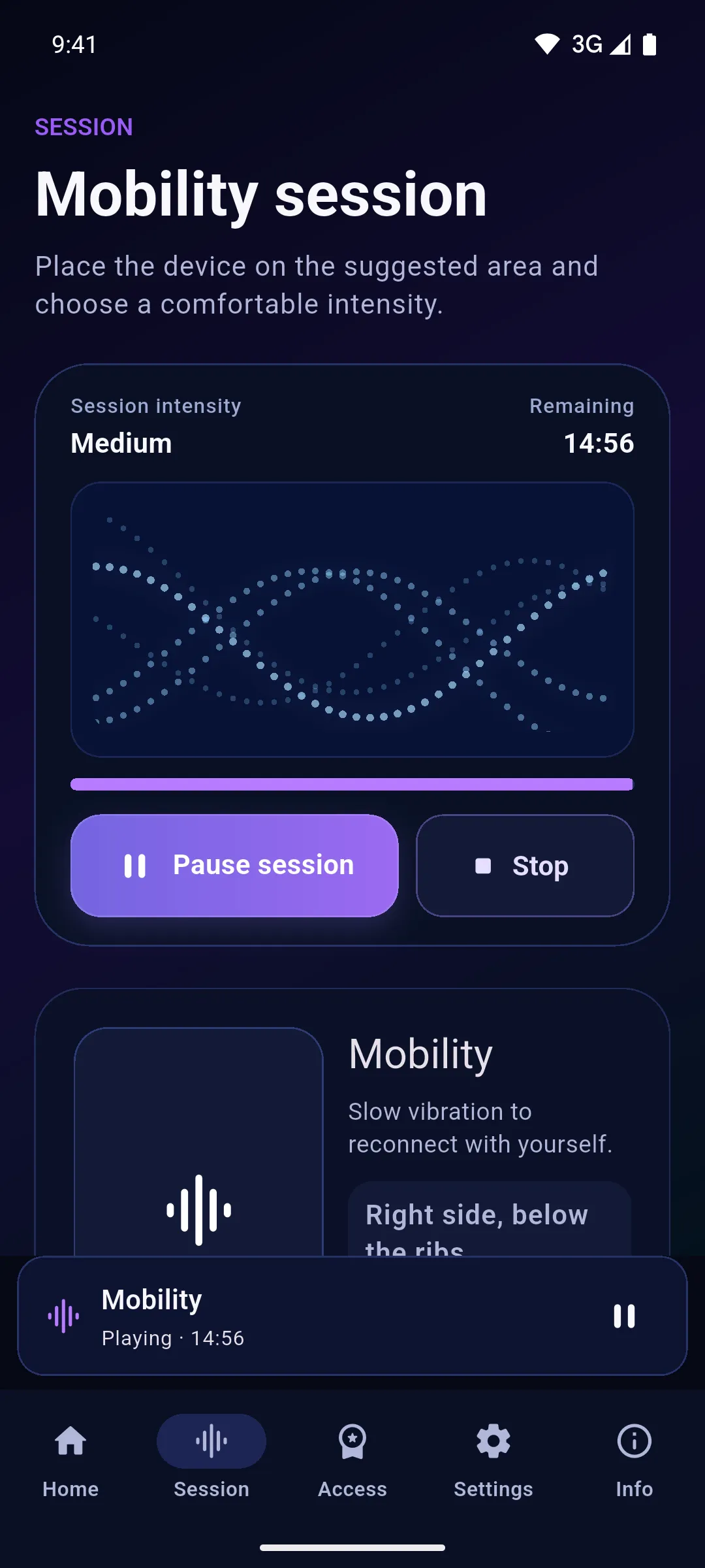Mobility session running in the Onm app