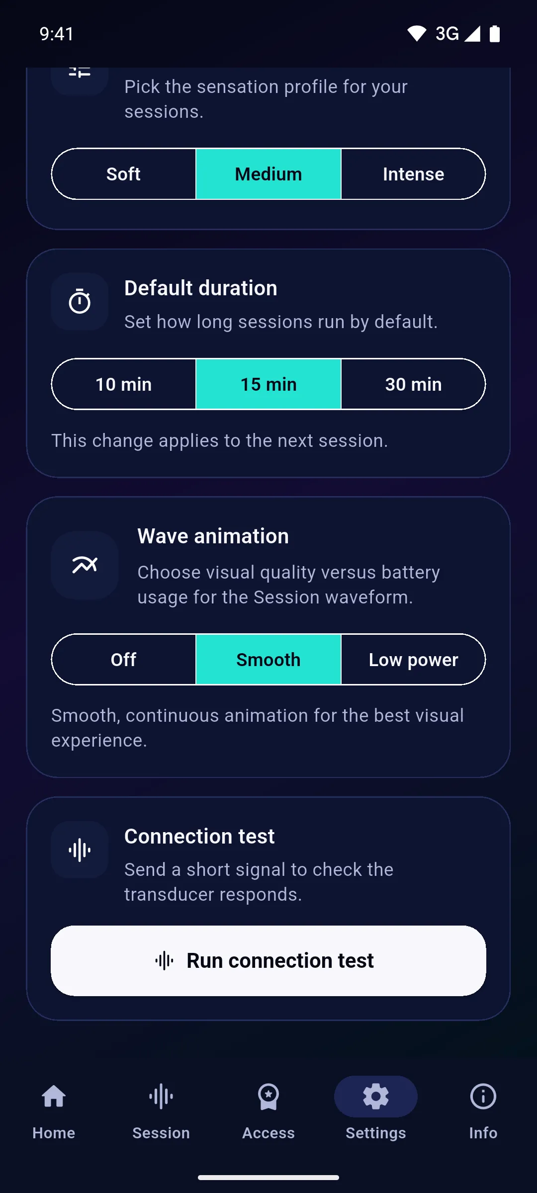 Intensity and duration settings