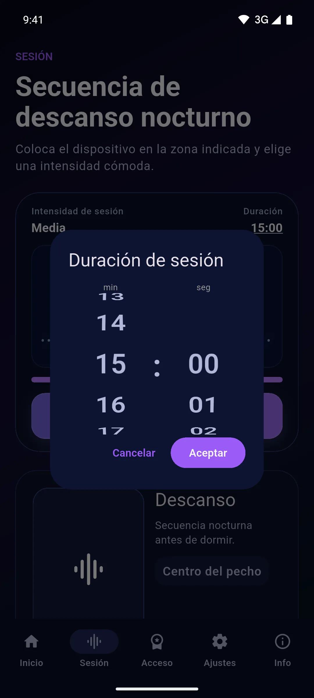 Selector de duración de la sesión