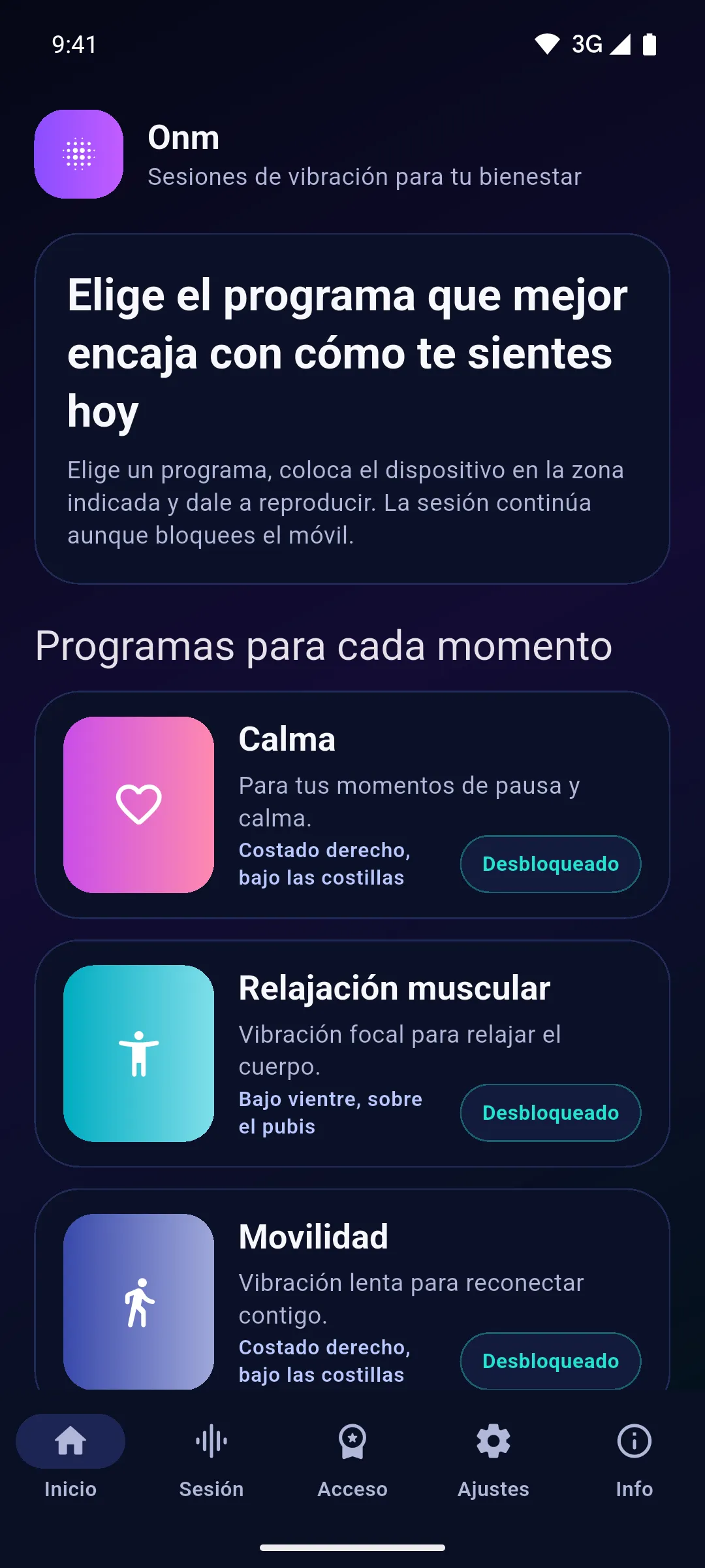 Pantalla de inicio de Onm con la lista de programas