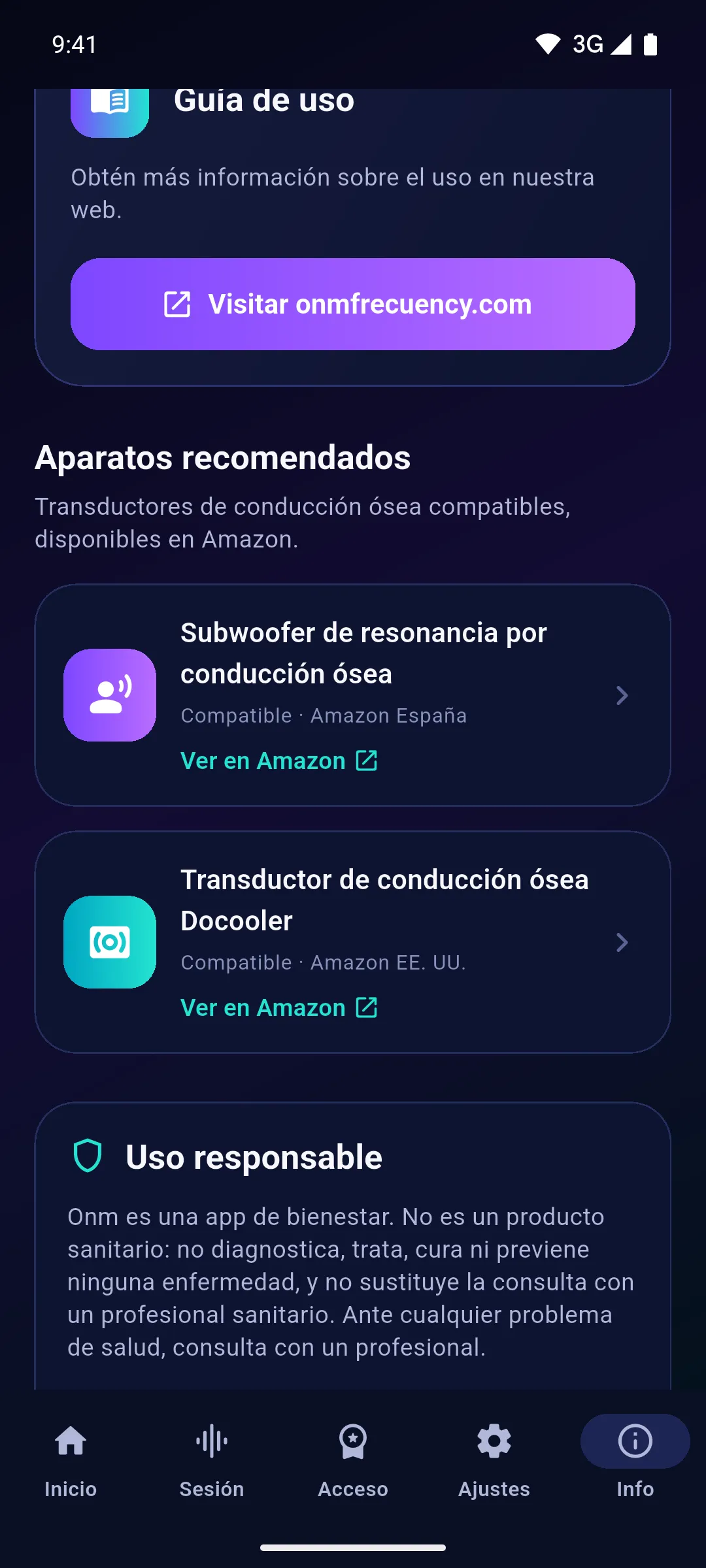 Pantalla de información de Onm