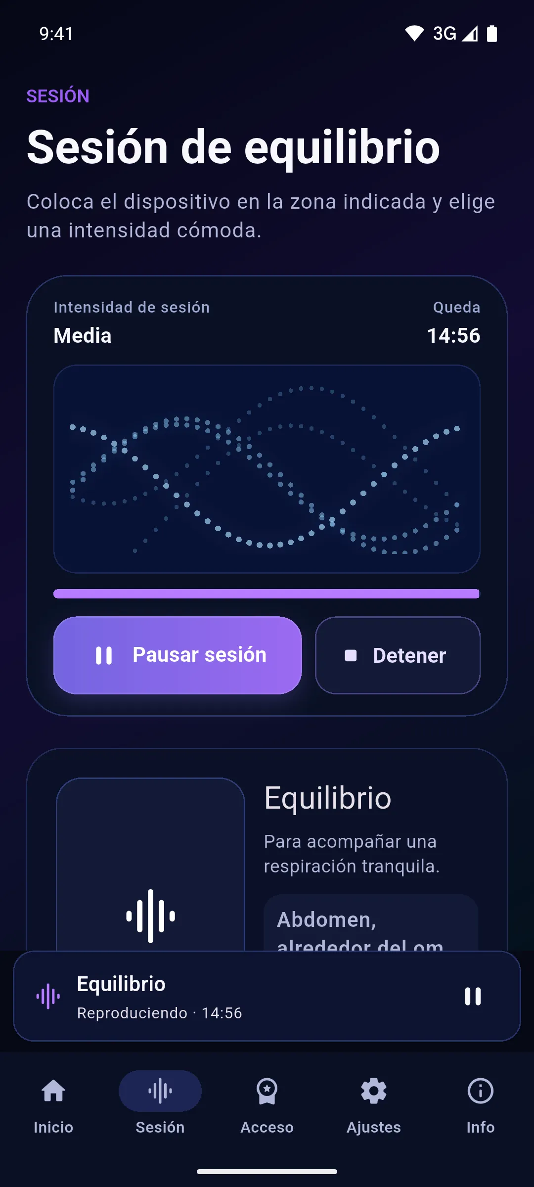 Sesión de Equilibrio en marcha en la app Onm