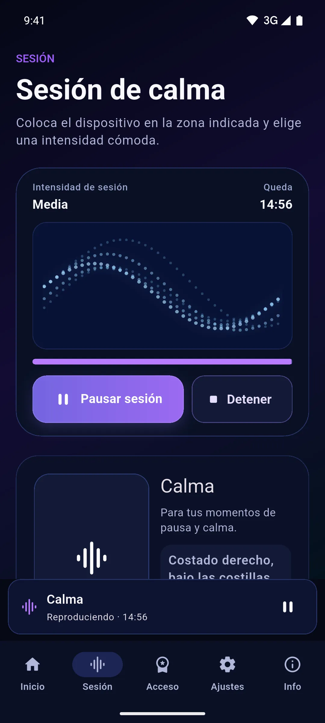 Sesión en marcha con la onda animada y el tiempo restante