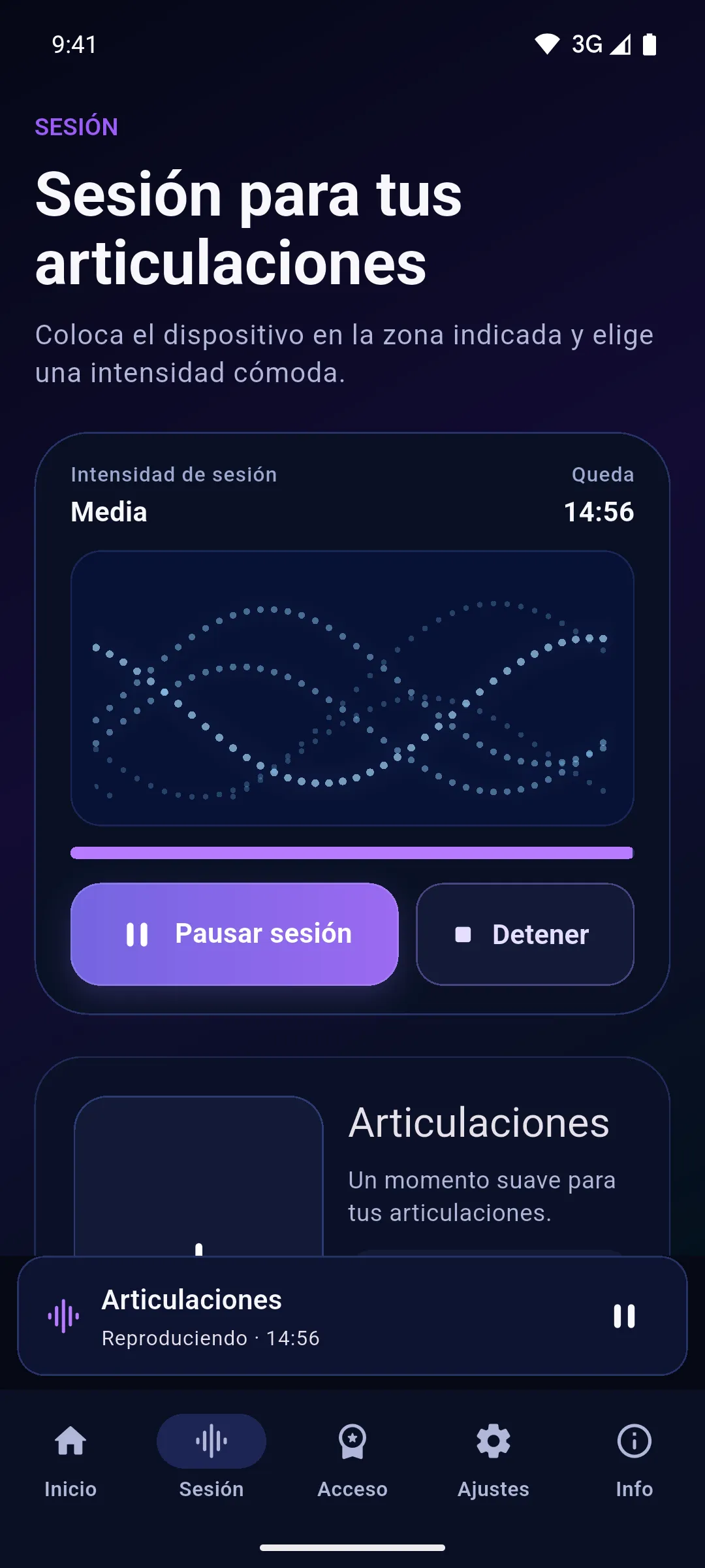 Sesión de Articulaciones en marcha en la app Onm