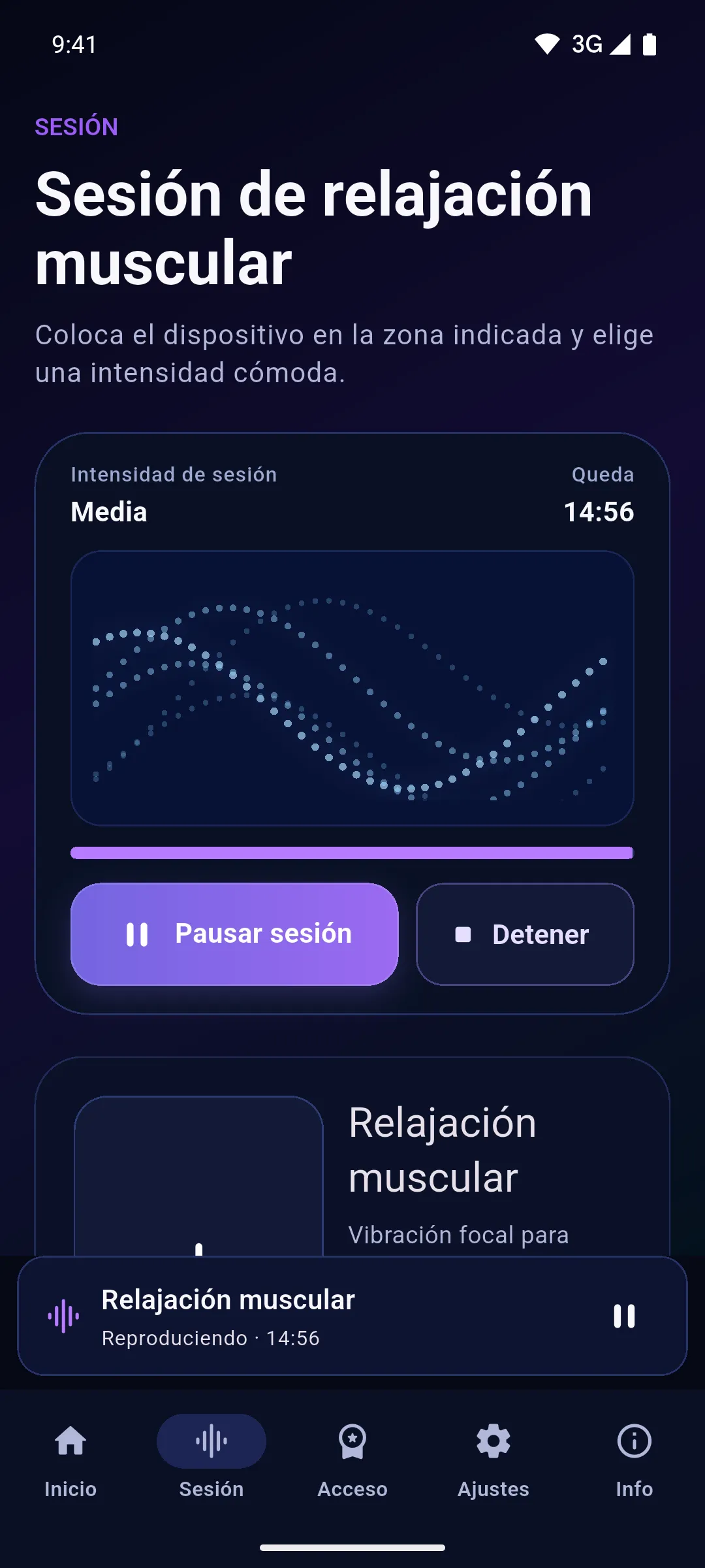 Sesión de Relajación muscular en marcha en la app Onm
