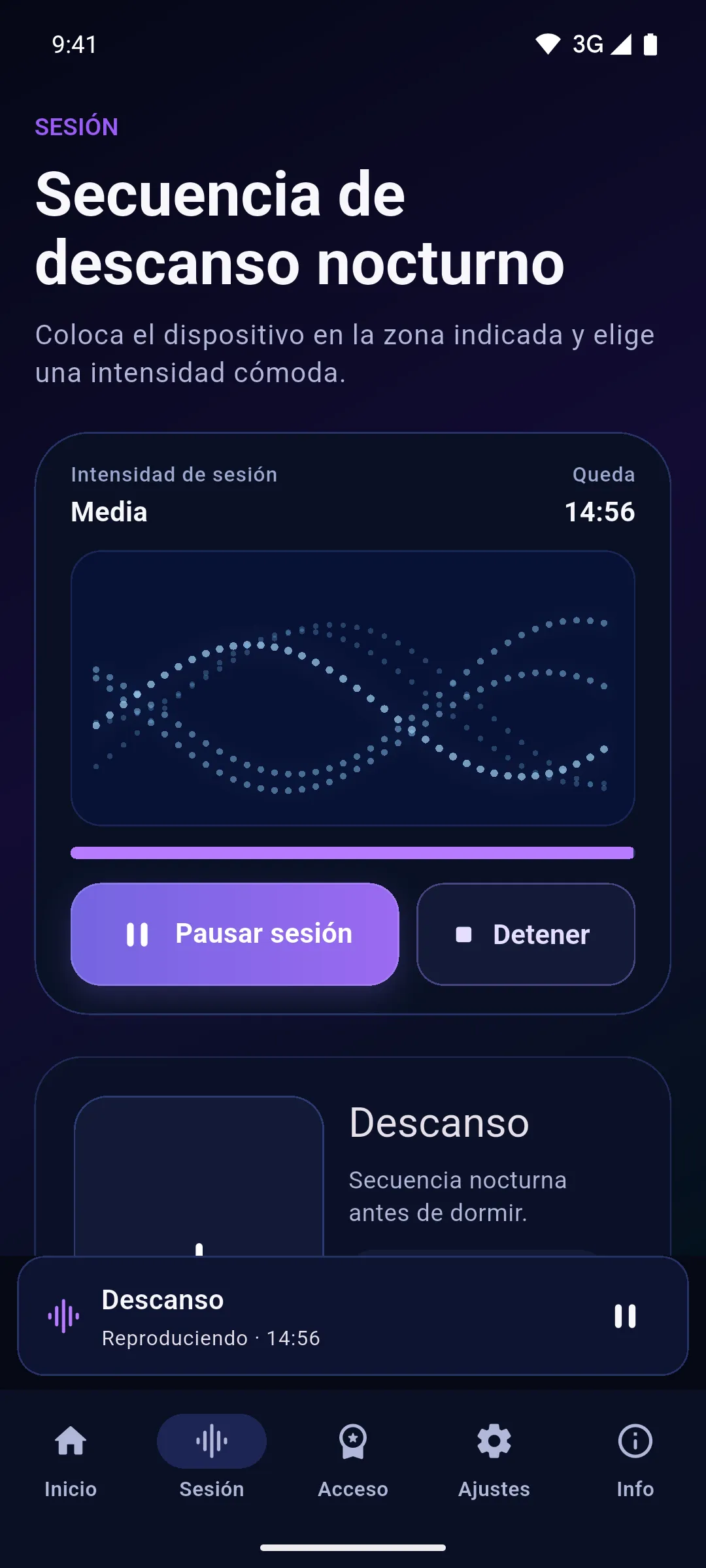 Sesión de Descanso en marcha en la app Onm