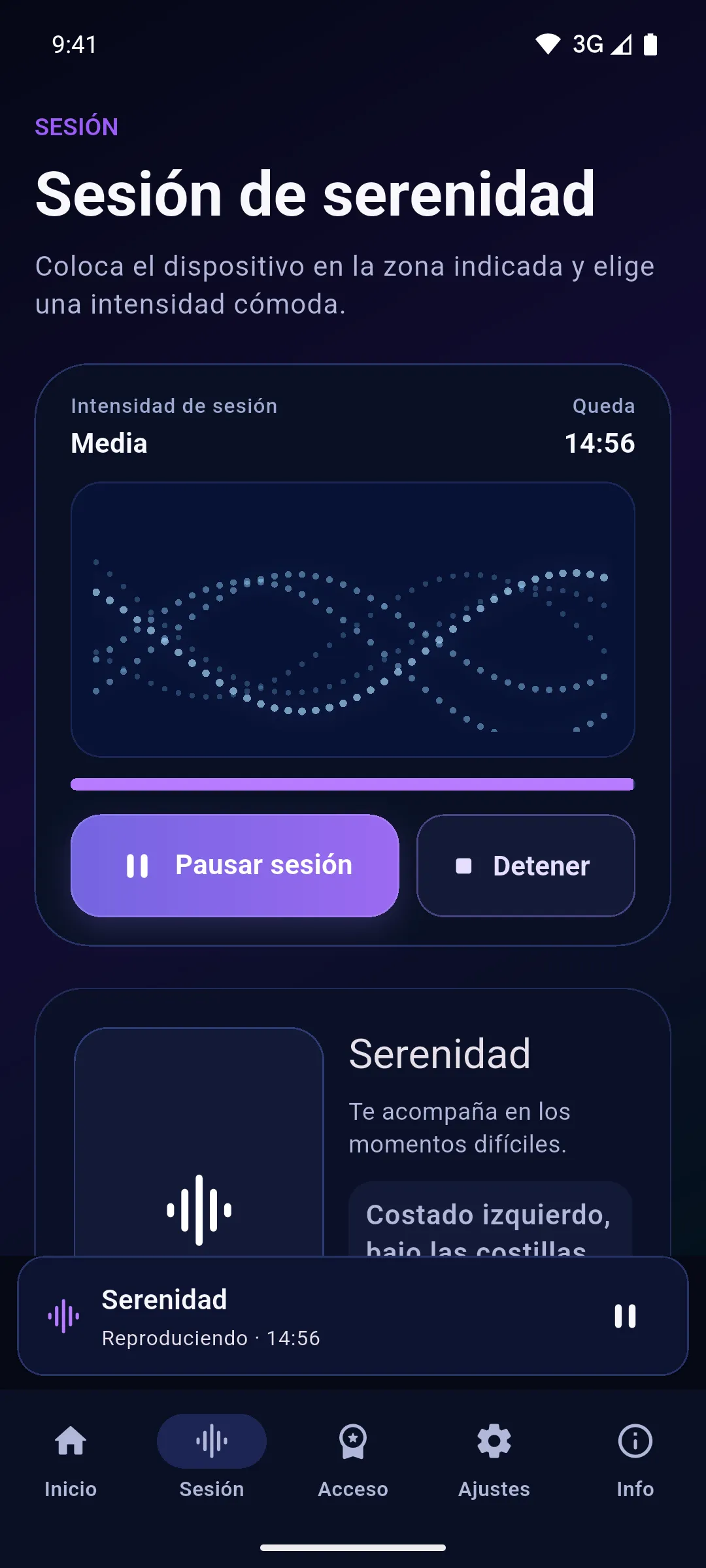 Sesión de Serenidad en marcha en la app Onm