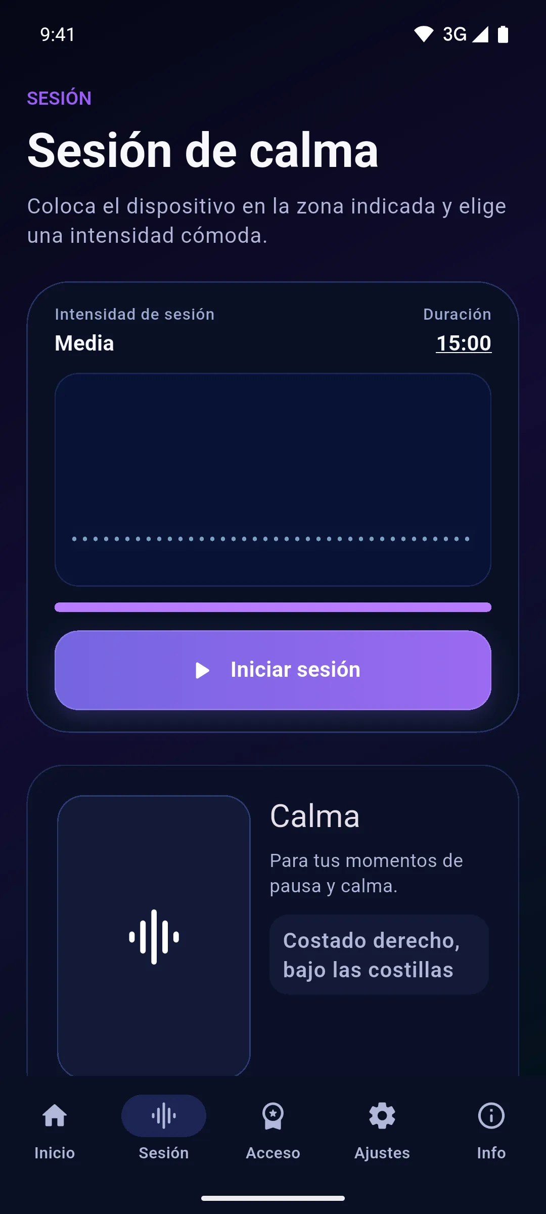 Pantalla de sesión con la zona de colocación indicada